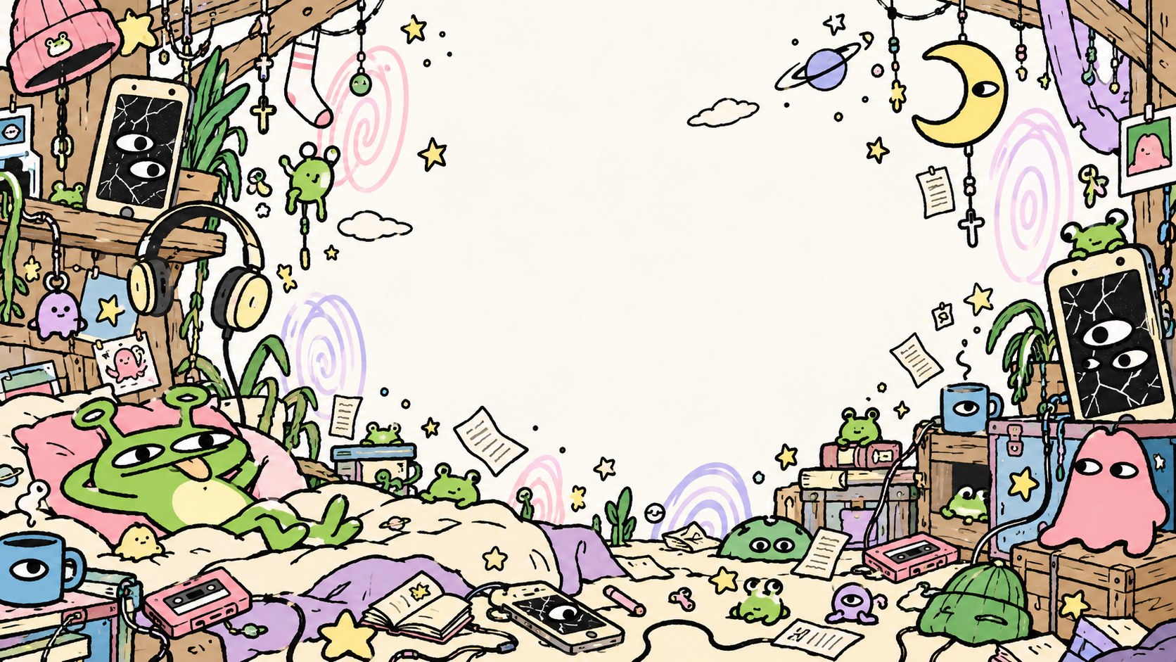 A hand-drawn room filled with phones, headphones, beanies, cross earrings and strange little creatures